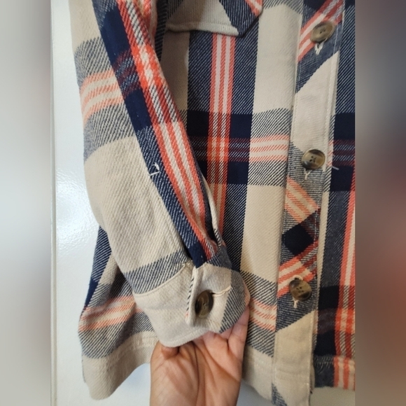 AERIE OFFLINE Flannel Button Down Jacket Shacket In Soft Oat Navy Orange Size XS - Picture 11 of 16